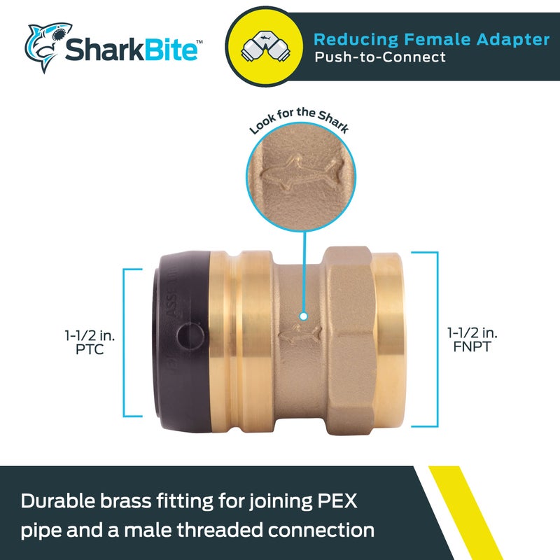 SharkBite 1-1/2 Inch FNPT Adapter, Push to Connect Brass Plumbing Fitting, PEX Pipe, Copper, CPVC, PE-RT, HDPE, UXL114140F - Image 2